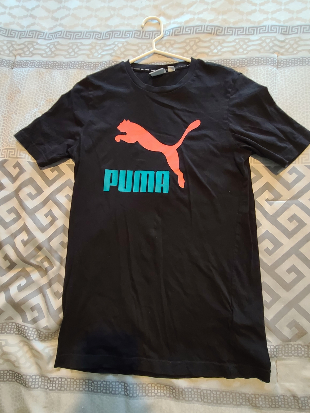 Puma Black Tee with Coral Puma Logo and Teal Text